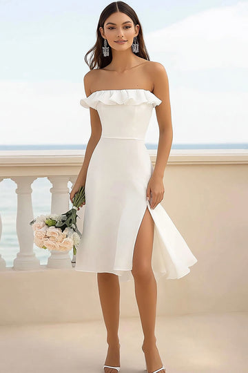 White Sheath Ruffled Strapless Graduation Dress with Slit